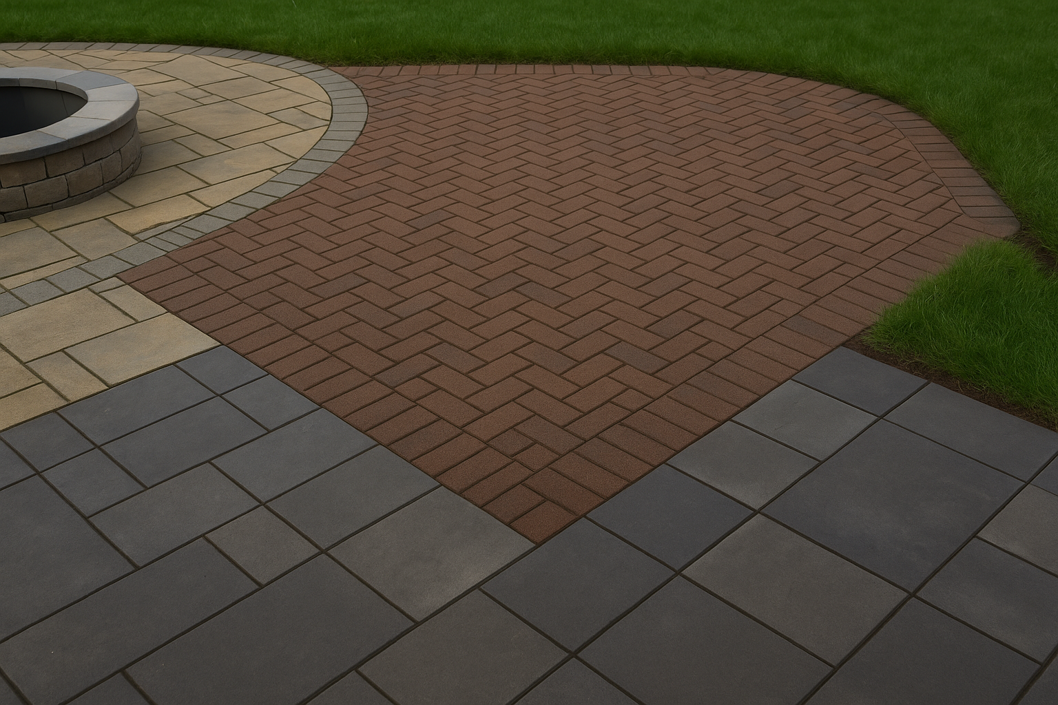 Modern paver patio with fire pit lighting